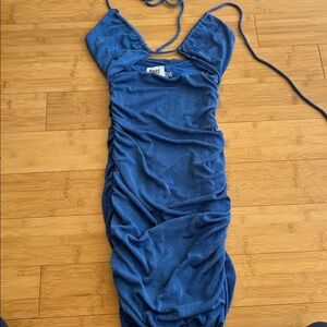 Blue Ruched Dress with Tie Neck Top